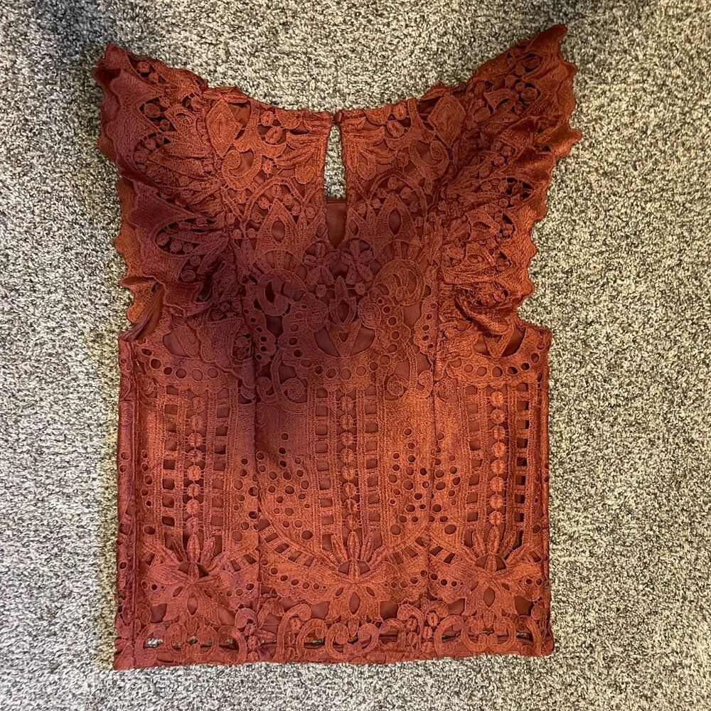 Burnt Orange Decorative Flutter Sleeve Express Dressy Top